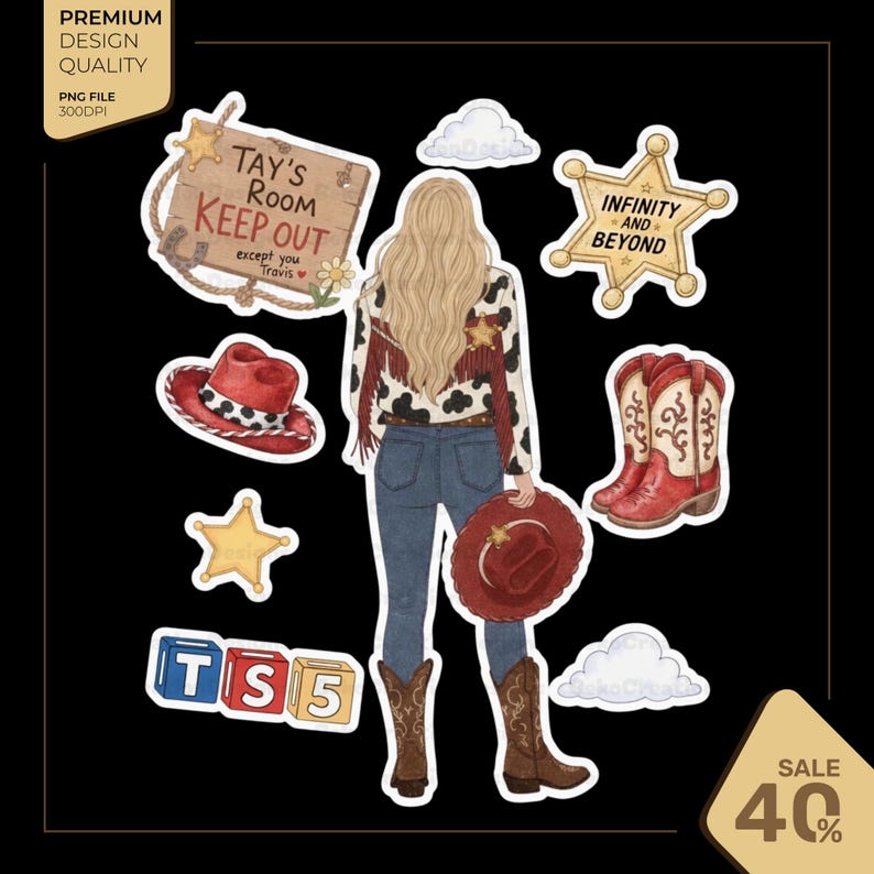 Op de afbeelding: Een digitale stickerset met een blond persoon in cowgirl-outfit, een houten bord met Tay's Room Keep Out except you Travis, een sheriff-badge met Infinity and Beyond, een rode hoed, rode cowboylaarzen, een ster en blokken met de tekst TS5.
