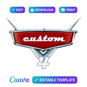 May include: A graphic design featuring a metallic, silver-rimmed red emblem with the word custom in white script, positioned above the number 24 in white. The image includes buttons labeled EDIT, DOWNLOAD, PRINT, and a Canva editable template label.