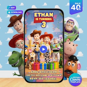 May include: A digital birthday invitation template featuring Toy Story characters including Woody, Jessie, Buzz Lightyear, Rex, Slinky Dog, Hamm, and Mr. Potato Head. The text reads Ethan is turning 3, April 18th, 1:30 PM, 789 Toy Box Lane, Playtown, RSVP: 555-123-4567.