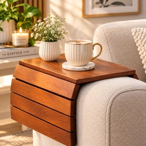 Foldable Wooden Sofa Arm Tray Table, Couch Armrest Organizer, Drink Holder