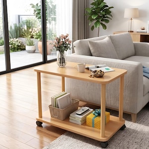 May include: A light wood rectangular side table with two tiers and four black caster wheels. The top surface holds a glass vase with pink flowers, a white ceramic mug, an open book, and a small bowl of nuts. The bottom shelf holds a woven basket.