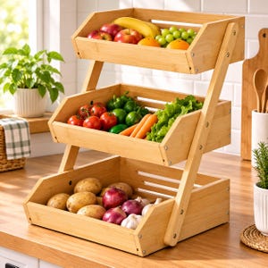 May include: A three-tier bamboo storage rack with open-slatted sides. The top shelf holds apples, a banana, grapes, and an orange. The middle shelf contains tomatoes, green peppers, carrots, and lettuce. The bottom shelf holds potatoes, red onions, and garlic.