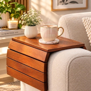 Foldable Wooden Sofa Arm Tray Table, Couch Armrest Organizer, Drink Holder