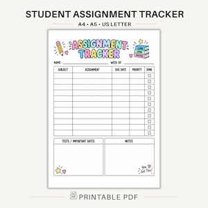 May include: A printable student assignment tracker document featuring the title ASSIGNMENT TRACKER, a pencil icon, a stack of books, and a grid with columns for subject, assignment, due date, priority, and done, plus sections for tests and notes.