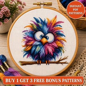 Colorful Owl Cross Stitch Pattern, Rainbow Bird Embroidery Design (PDF, SVG)