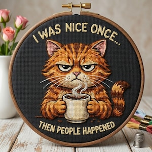 Op de afbeelding: Een borduurring met een oranje kat met een boze uitdrukking, die een koffiemok vasthoudt. De tekst luidt: "I WAS NICE ONCE... THEN PEOPLE HAPPENED" in gouddraad op een zwarte achtergrond.