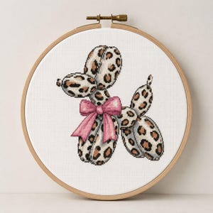 Leopard Balloon Dog Cross Stitch Pattern, Coquette Pink Bow, Preppy Chic Decor PDF
