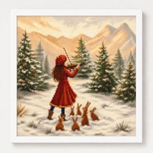 May include: A cross-stitch embroidery in a white frame depicting a person in a red coat and hat playing a violin in a snowy forest. Several brown rabbits stand on the snow around the person, with evergreen trees and mountains in the background.