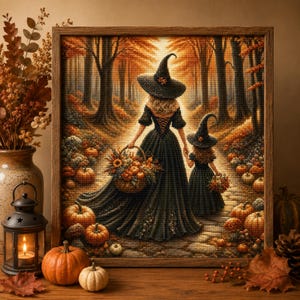May include: A framed cross-stitch art piece depicting a tall figure and a smaller figure, both wearing pointed hats and dark dresses, walking through an autumn forest path filled with orange pumpkins and golden trees, rendered in a pixelated style.