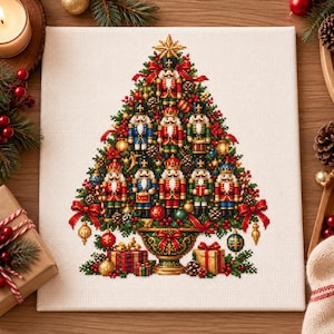 Può includere: Un motivo a punto croce su tessuto bianco che raffigura un albero di Natale decorato con diverse figure di schiaccianoci, nastri rossi e ornamenti. L'albero poggia su un'urna decorativa, con pacchi regalo posizionati alla base.