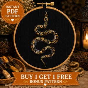 Ornate Snake Cross Stitch Pattern, Gothic Serpent Embroidery Design, Dark Fantasy Decor