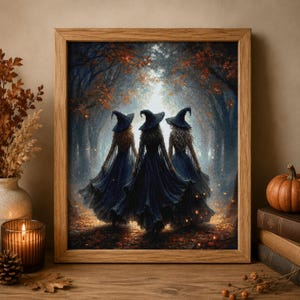 May include: A framed wall art print depicting three figures wearing pointed hats and long dark blue dresses walking away through a forest path filled with autumn leaves and glowing golden light particles under a canopy of dark trees.