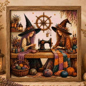 May include: A framed cross-stitch artwork depicting two figures in pointed hats working at a wooden table with a sewing machine. One figure has purple hair, the other brown hair. The scene includes a basket of yarn, pumpkins, and a ship wheel.