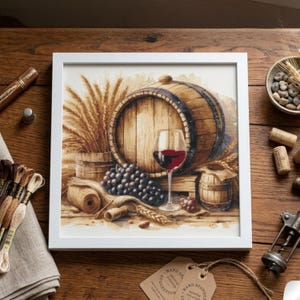 May include: Framed cross-stitch art featuring a wine barrel, a glass of red wine, grapes, and wheat. The artwork is in a white frame and set on a wooden surface. Additional wine-related items are scattered around the frame.