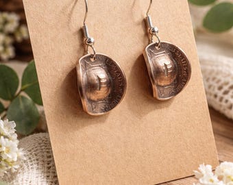 Boucles d'oreilles en cuivre pour chapeau de cowboy penny faites à la main - Bijoux de pièce de monnaie de style bohème occidental rustique fabriqués aux États-Unis