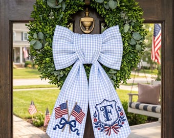 Personalized Monogram Embroidered Wreath Sash, Custom Patriotic 1776-2026 Sash Door Decor, USA Wreath Bow, 250th Anniversary Decoration