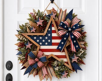 America Patriotic Wreath 250th Anniversary Door Hanger, 4th of July Patriotic Wood Decor, 1776-2026 USA Sign, 4th July Front Door Wreath