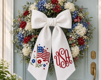 Embroidered Patriotic Wreath Sash, 4th Of July Door Decor, Seersucker Patriotic Flag Wreath Bow, 1776-2026 USA Decoration, 250th Anniversary