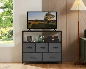 Rustic TV Stand Dresser with Fabric Drawers Industrial Storage Cabinet