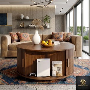 May include: A modern living room featuring a round wooden coffee table with a storage compartment. A white game console and a magazine are visible on the lower shelf. The room includes a beige sofa, patterned pillows, and a colorful rug.