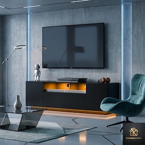 Modern LED TV Stand for 65 Inch TV, Black Media Console with Hidden Storage