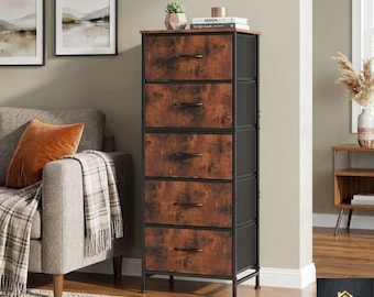 5 Drawer Tall Dresser Slim Fabric Storage Cabinet Bedroom Closet Organizer