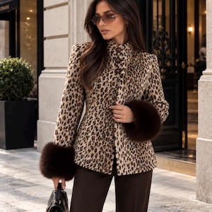 May include: A fitted jacket featuring a tan and black leopard print pattern, a high collar with three dark brown buttons, and thick, dark brown faux fur cuffs on the long sleeves. The jacket is paired with solid dark brown trousers and a black handbag.