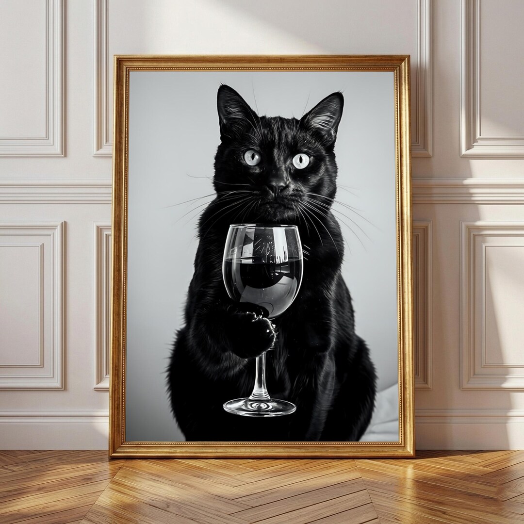 Black Cat Wine Poster, Funny Feline With Wine Glass Wall Art, Whimsical ...