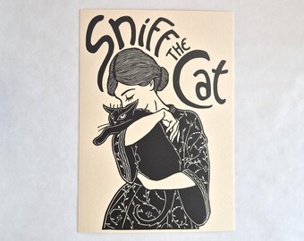 Linoleumsnitt Sniff the Cat - Handtryckt linoleumsnitt