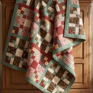 Op de afbeelding: Een patchwork quilt met een raster van vierkanten in tinten saliegroen, oudroze, crème en donkerbruin. De stoffen vierkanten tonen diverse kleine bloem- en geometrische patronen, allemaal omrand door een effen saliegroene stoffen bies.