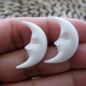 25 mm  Crescent Moon Face Pair with OPEN Eyes, double sided carving, Buffalo Bone Carving, ,Earrings, jewelry making supplies   S8892
