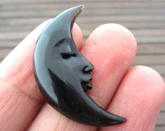 Carved Buffalo Horn, Black Crescent Moon Face, Closed-Eye, 1-sided,  Flat-Backed, jewelry making supplies: S4218