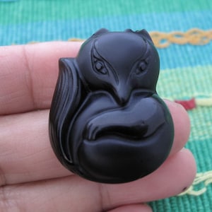 48mm x 28mm Excellent detail Carved Fox , Black Obsidian, DRILLED, Fox pendant , Natural  stone ,  Jewelry making Supplies, S7696