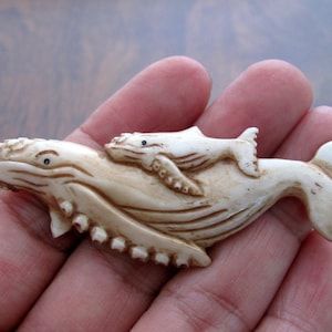 Hand Carved buffalo bone,  Mama Whale and her Calf,  1-Sided, Carved Water Buffalo Bone, Handmade Supplies S6876