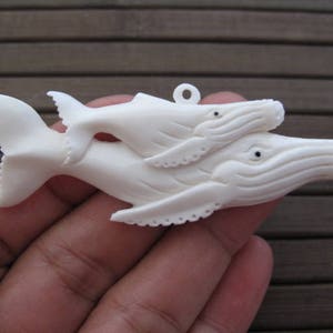 Hand Carved  Mama Whale and her Calf Buffalo  Bone carving,  with Hanger, 1-Sided, Handmade Supplies S7895