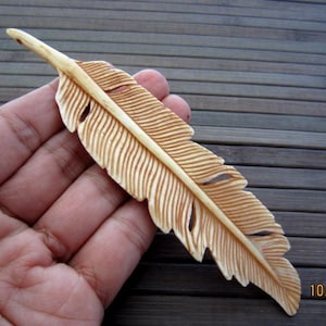 Hand Carved  Extra Large Feather , Antiqued Bone Pendant , SIDE-DRILLED,   Jewelry making Supplies S5338