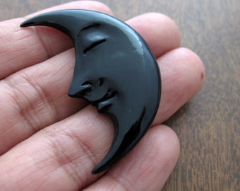 Hand Carved Crescent Moon Face, CLOSED EYE, Double-Sided, Buffalo Horn,  LARGE, embellishment, Jewelry Supplies S8946