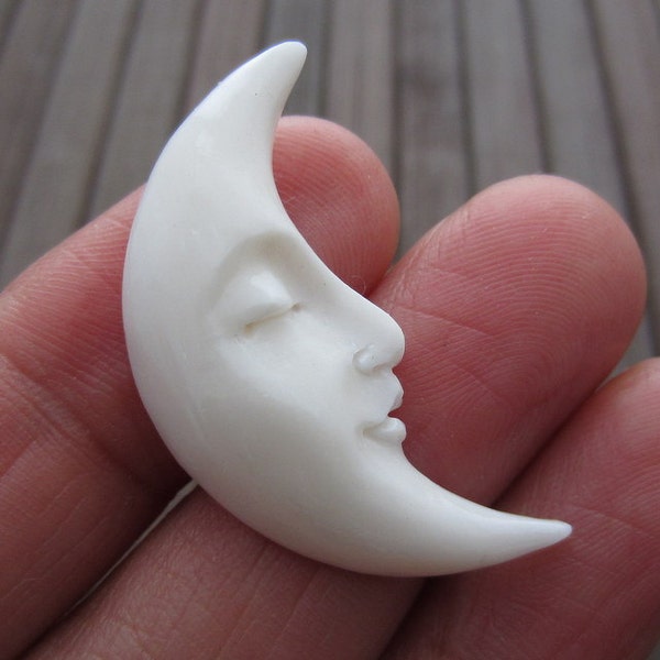 Crescent Moon Closed Eye Face, Single-Sided, Hand Carved Buffalo Bone, Right Facing, 34mm x 15mm, jewelry making supplies  S3261