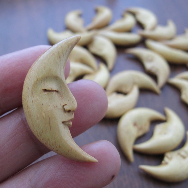 Hand Carved Crescent Moon Face with Closed Eyes, Double-Sided, Jackfruit Wood, NOT Drilled  Embellishment, Beads, Jewelry Supplies S7418