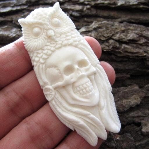 Fabulous carving Skull and Owl Spirit, Handmade buffalo Bone Carving, Totem, Jewelry making Suppli