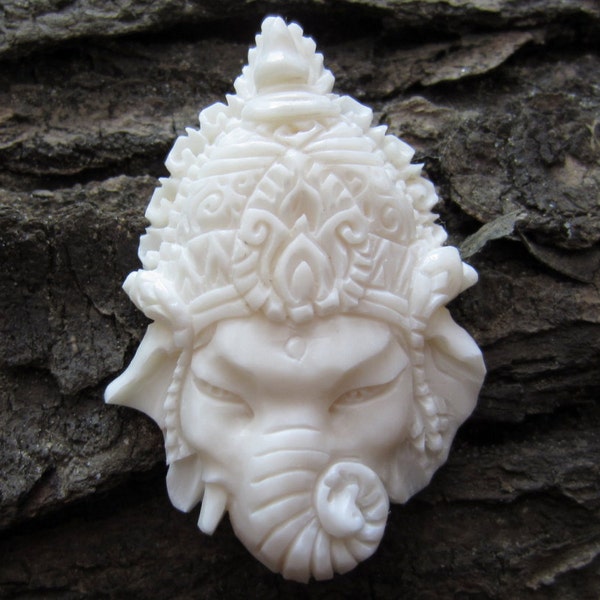 Gorgeous Deep Relief GANESHA Carved Buffalo Bone Pendant, Side-DRILLED, beads, Jewelry making Supplies S3329