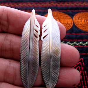 Hand Carved PAIR of Feathers, Black Mother of Pearl, NOT-Drilled, Jewelry making supplies S8865