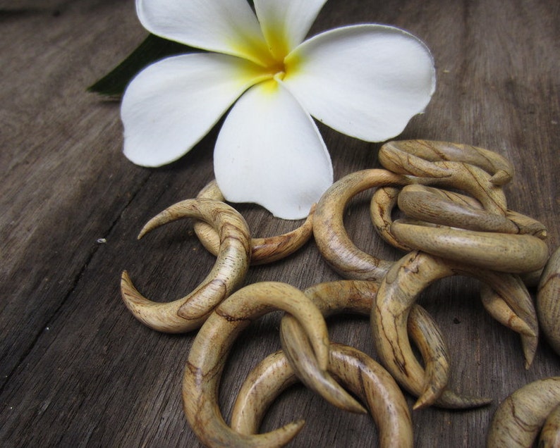 May include: A collection of wooden ear gauges in the shape of crescent moons. The gauges are made of light brown wood with dark brown streaks.