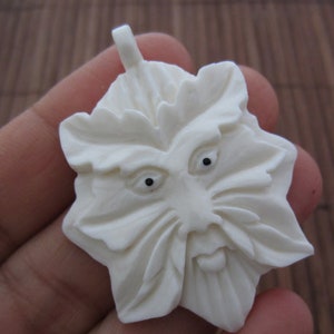 Amazing Detail Hand Carved  Green man Buffalo bone pendant , Side drill   Natural cabochon, Jewelry making S5422