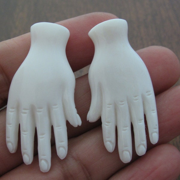 Pair of Hand Carved Buffalo Bone - HANDS, Tangan, Finely Detailed, NOT Drilled.  Jewelry making supplies S8832