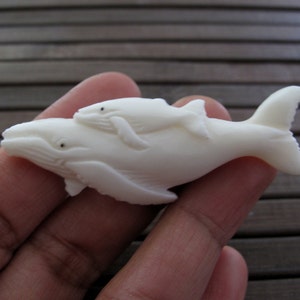 Hand Carved buffalo bone,  Mama Whale and her Calf,  1-Sided, Carved Water Buffalo Bone, Handmade Supplies S6876
