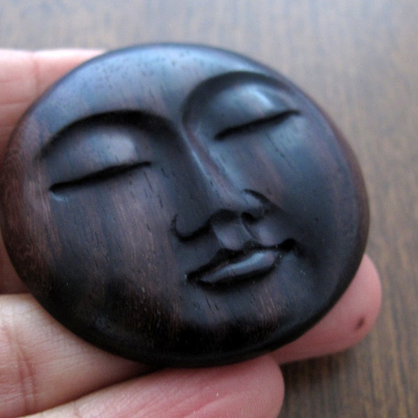 45 mm Hand Carved  Moon Face with Closed Eyes, S0no  Wood, NOT Drilled,  Jewelry making supplies  S8955