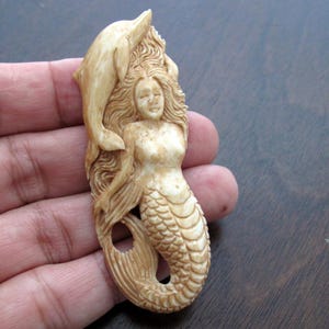 Intricate detail carved Mermaid  and dolphin  , Carved  Buffalo Bone,Jewelry making supplies  S8519