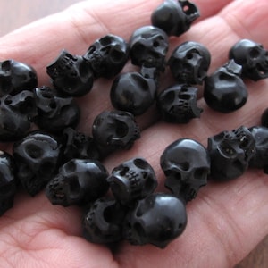 PAIR of 10mm Hand Carved Skull Beads from Buffalo Horn, Top to Bottom Full Drill, Suitable for Earrings S8197