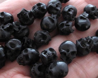 PAIR of 10mm Hand Carved Skull Beads from Buffalo Horn, Top to Bottom Full Drill, Suitable for Earrings S8197